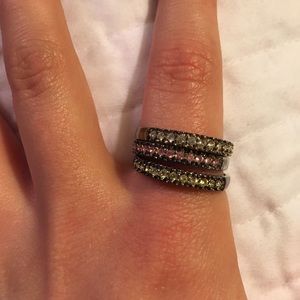 Avon ring set trio rhinestone silver green pink L